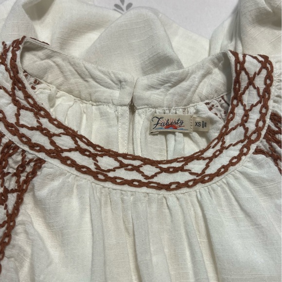 Faherty Arles Brown Embroidered Peasant Blouse White Balloon Sleeve Boho Sz XS - Picture 6 of 12